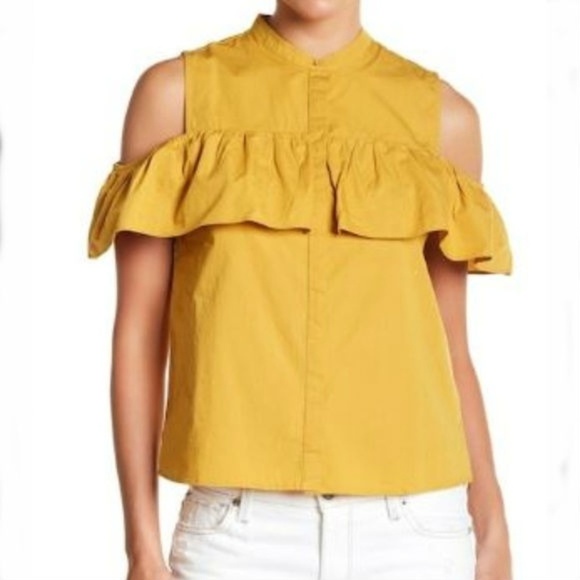 Lucky Brand | Yellow Blouse Ruffle Cold Shoulder S - Picture 1 of 7